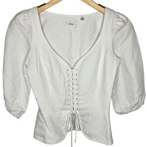 Aritzia Wilfred White Corset Lace Up Peplum Sleeve Blouse Size XS